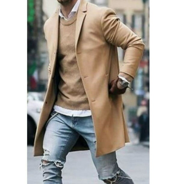 Mens Warm Coats Winter Trench Coat Outwear Overcoat Long Sleeve Button Up Jacket